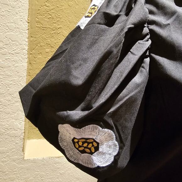 By Design S Black Puff Sleeve Button Up Embroidered Top NWT Poplin Holiday Chic - Picture 4 of 11